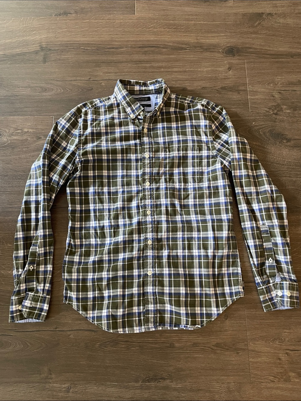 Men's Banana Republic Olive & Blue Plaid Button-Down Shirt Slim Fit, Size Medium